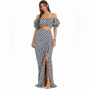 Revolve RUMER Gingham Two Piece Set Crop Top & Ruched Maxi Skirt Black White